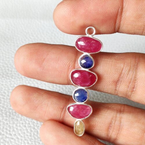 Multi Sapphire Rose Cuts Pendant 12x47 MM, Pink Sapphire Rose Cuts Silver Pendant, Gemstone Rose Cuts Bezel, Sapphire Gemstone Jewelry 1 Pc - Image 3