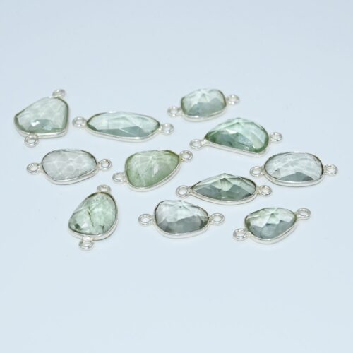 Green Amethyst Rose Cuts Connector 9x11-12.5x13.5 MM, Gemstone Rose Cuts Connector, 925 Sterling Silver Connector For Jewelry Making 10 Pc